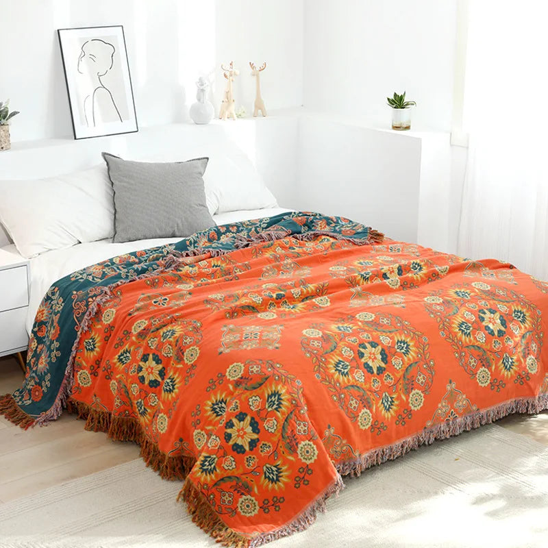 Floroux | Couverture Coton Jacquard Bohème | Élégante Toutes Saisons