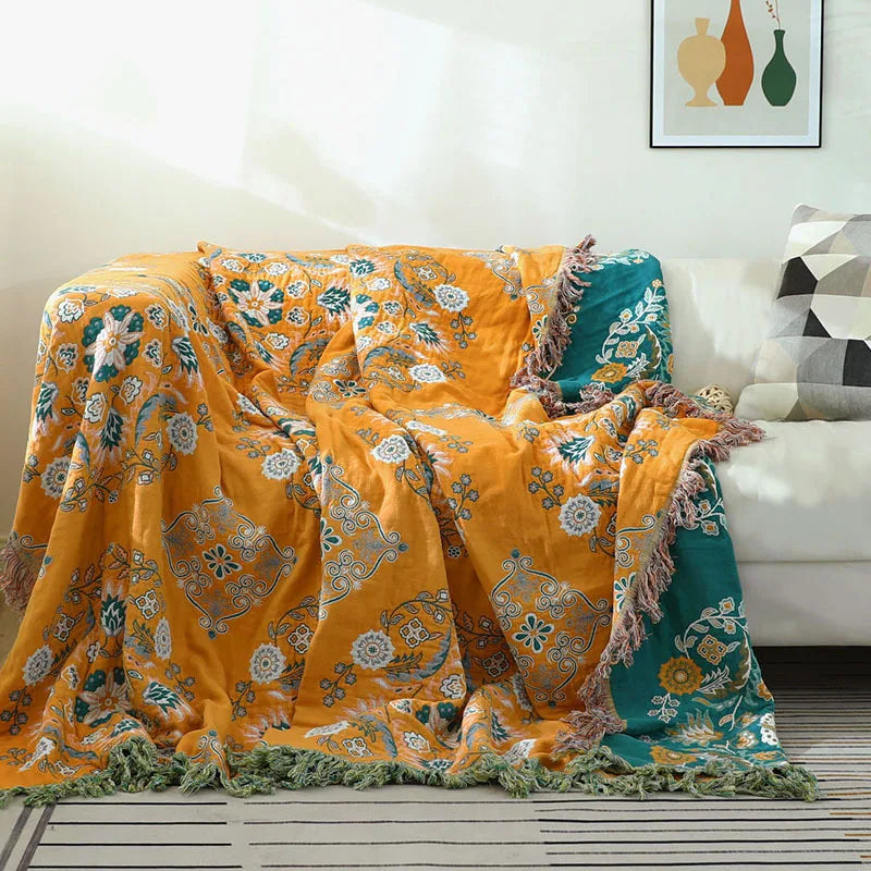 Floroux | Couverture Coton Jacquard Bohème | Élégante Toutes Saisons