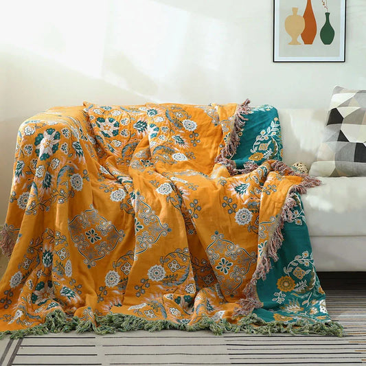 Floroux | Couverture Coton Jacquard Bohème | Élégante Toutes Saisons